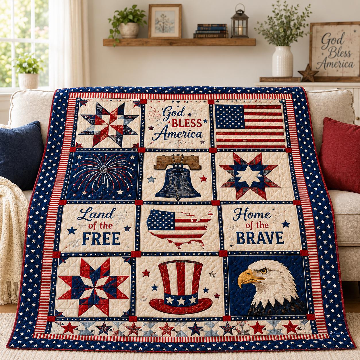 Patriotic Quilt Blanket, God Bless America, American Flag Quilt, Land of the Free Bedding, USA Eagle Decor