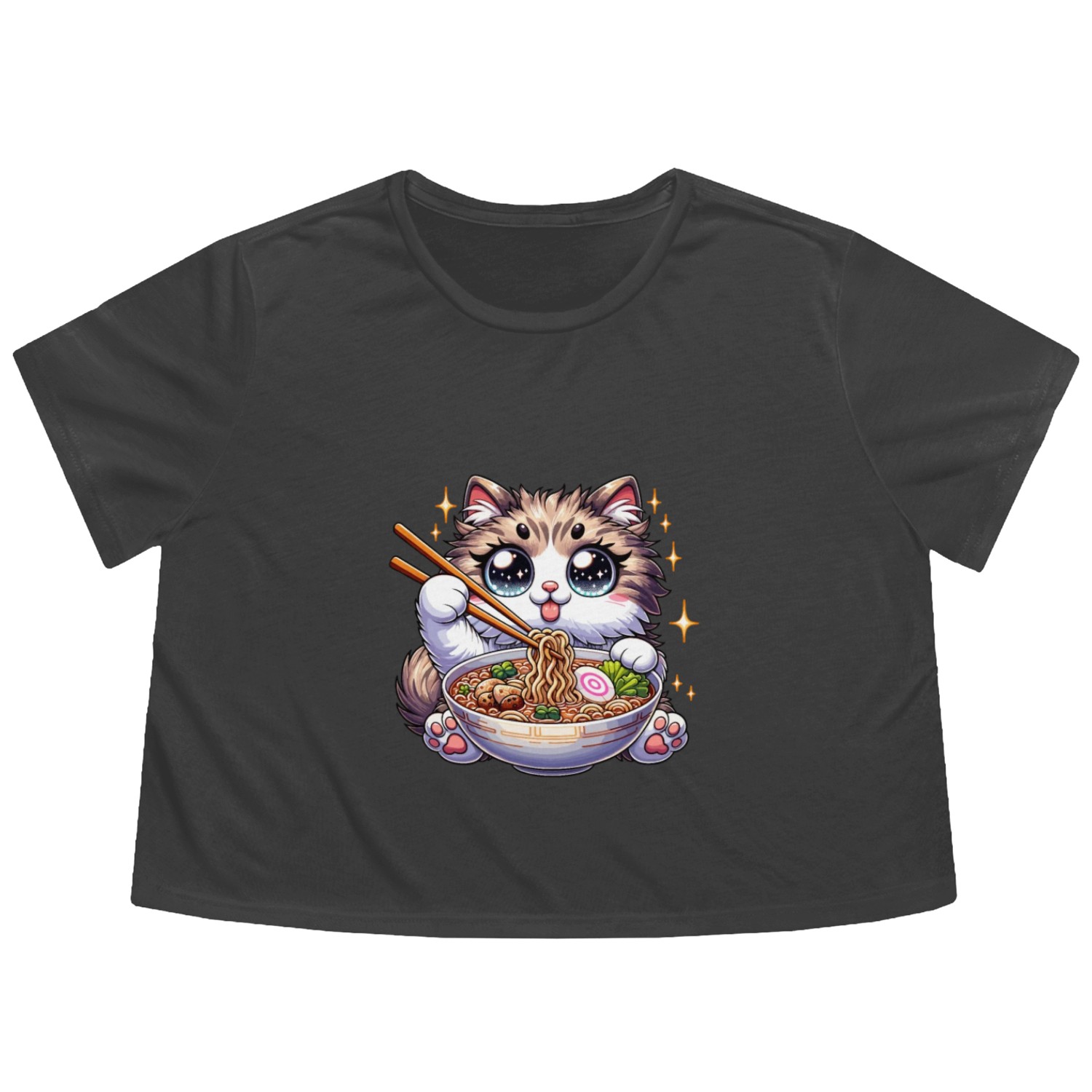 Ramen Cat Neko Noodles Japanese Anime Flowy Cropped Tees