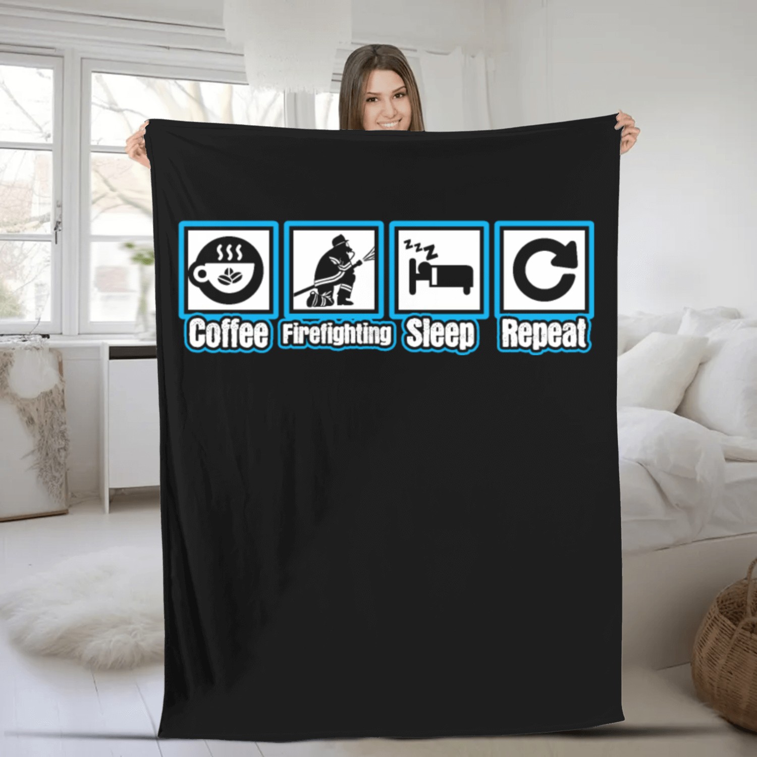 Coffee Firefighting Sleep Repeat Fleece Blankets