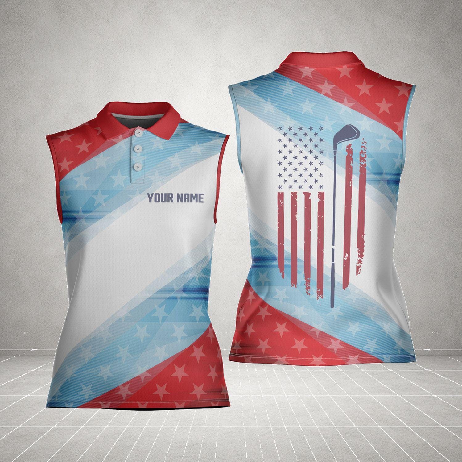 Women’s Sleeveless Patriotic Polo Shirt with American Flag, Fourth of July Golf Tank Top, Personalized USA Golf Apparel