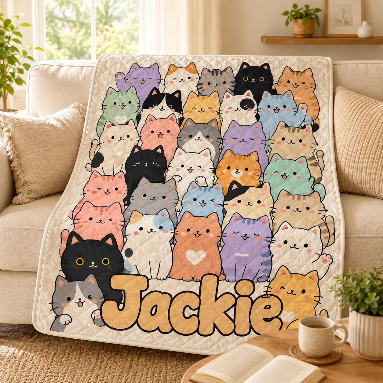 Personalized Cat Quilt Blanket, Custom Name Cute Kitty Throw, Kawaii Cat Crowd Quilt, Cat Lover Gift, Pastel Bedroom Quilt