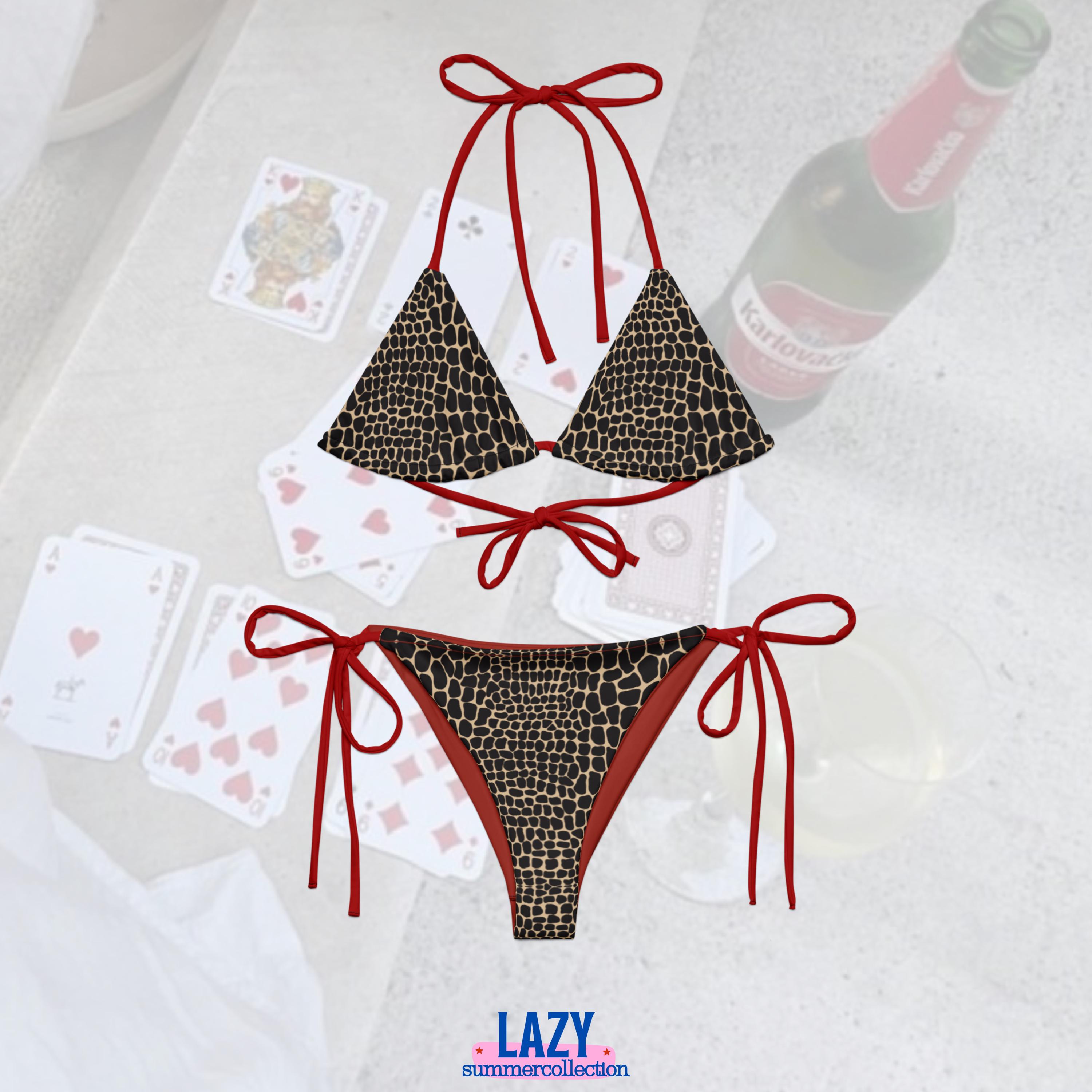 Red and Black Leopard Print Women's String Bikini Set