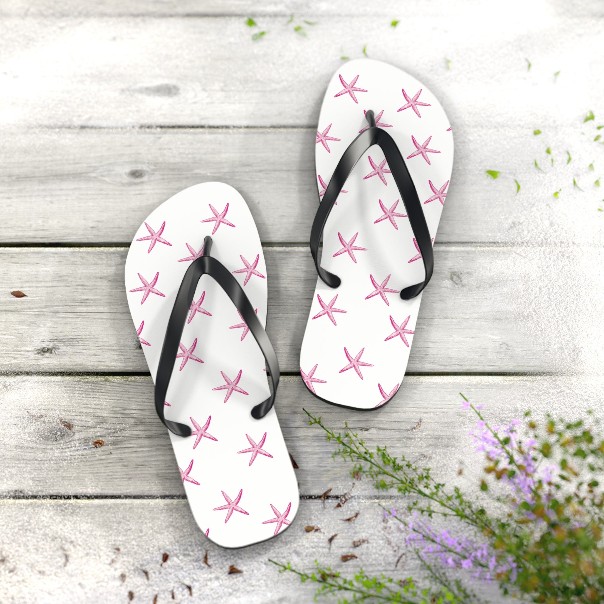 Pink Starfish Beach Flip Flops, Summer Casual Footwear, Flip Flops for Women, Pool and Spa Sandals, Vacation Thongs, Gift for Beach Lover