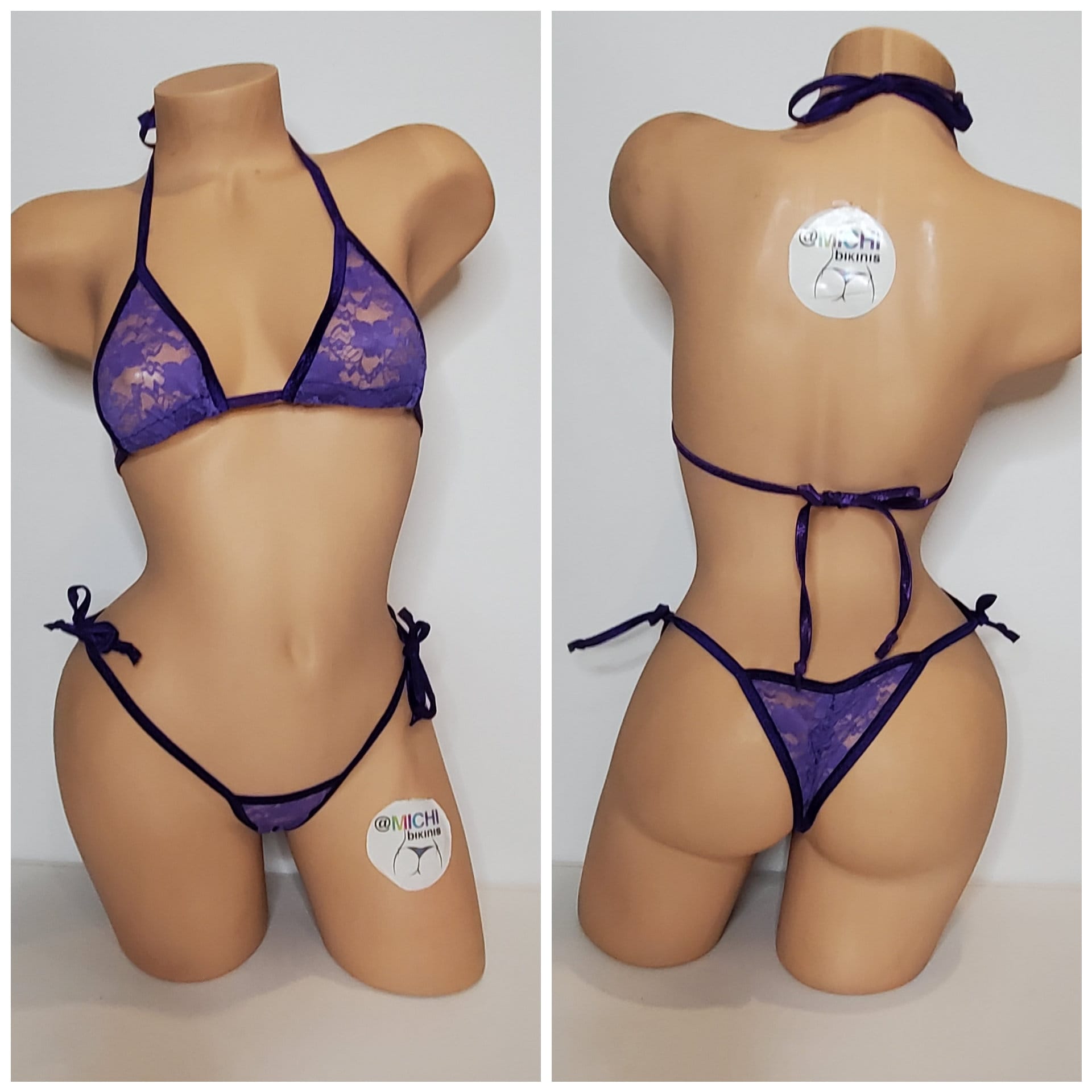 Purple Lace *VERY SHEER* w/ Purple Trim Medium Coverage Top Scrunch Butt String Bikini 2 Piece Set One Size