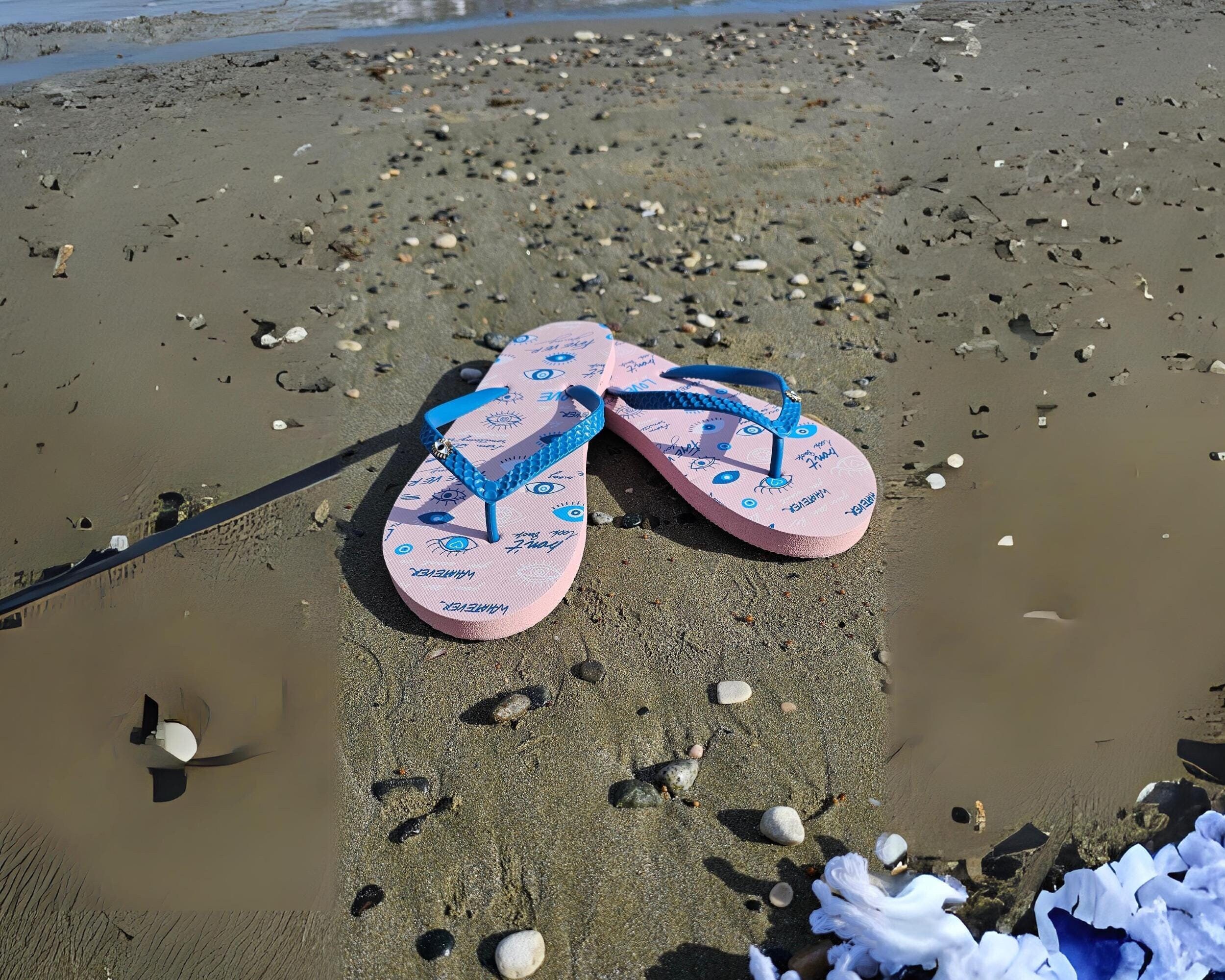 FLIP FLOPS with EVIL Eye Print in Pink Trendy Women's Summer Beachwear Thong Slippers Greek Sandals Vacation Honeymoon