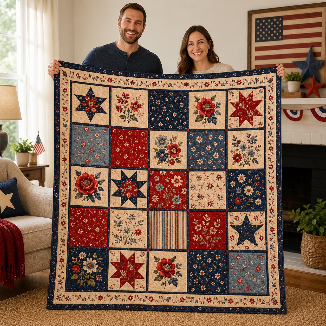 Vintage Floral Patchwork Quilt Blanket, Americana Farmhouse Bedding, Rustic Home Decor, Star for Her