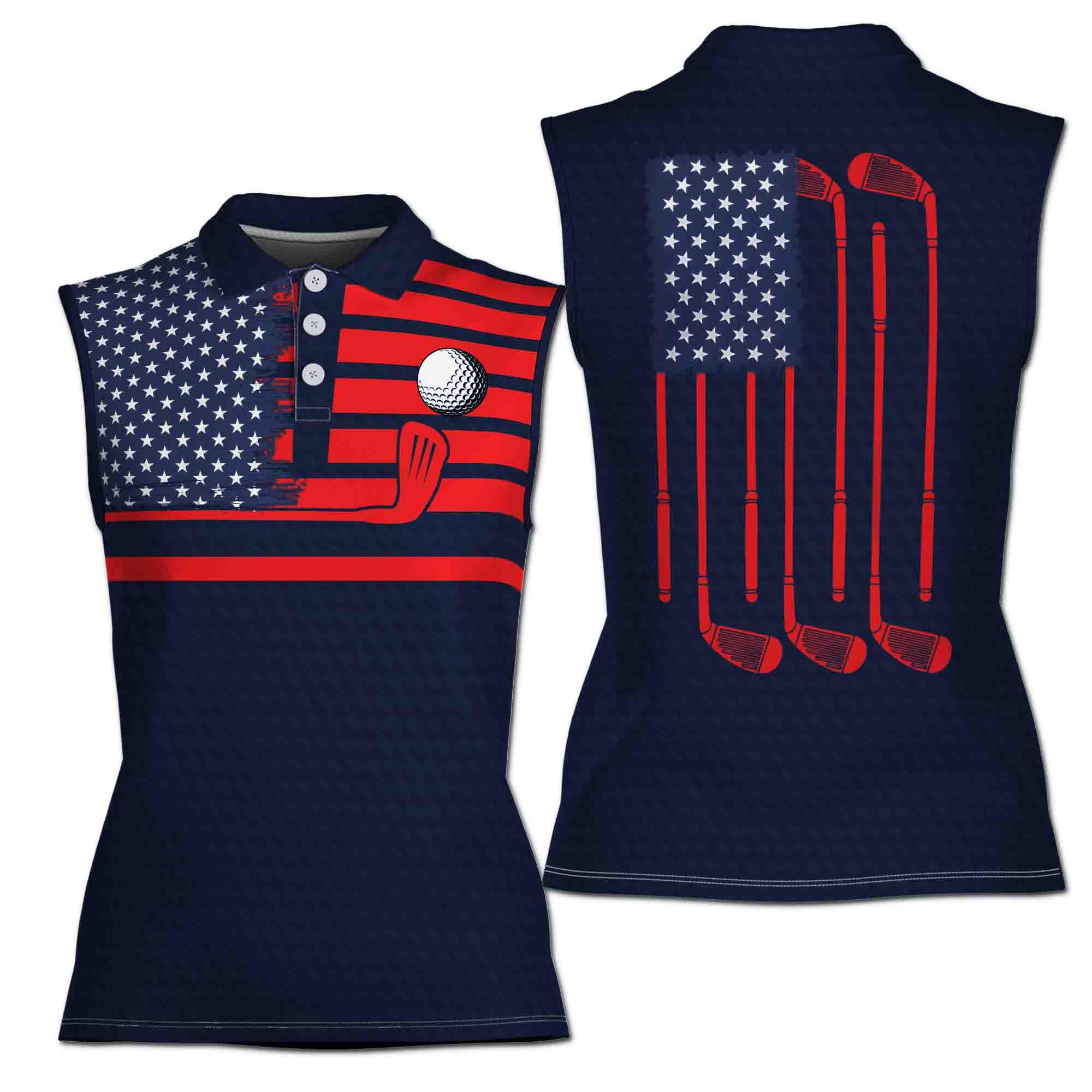 Women’s Sleeveless Polo Shirt with American Flag Pattern