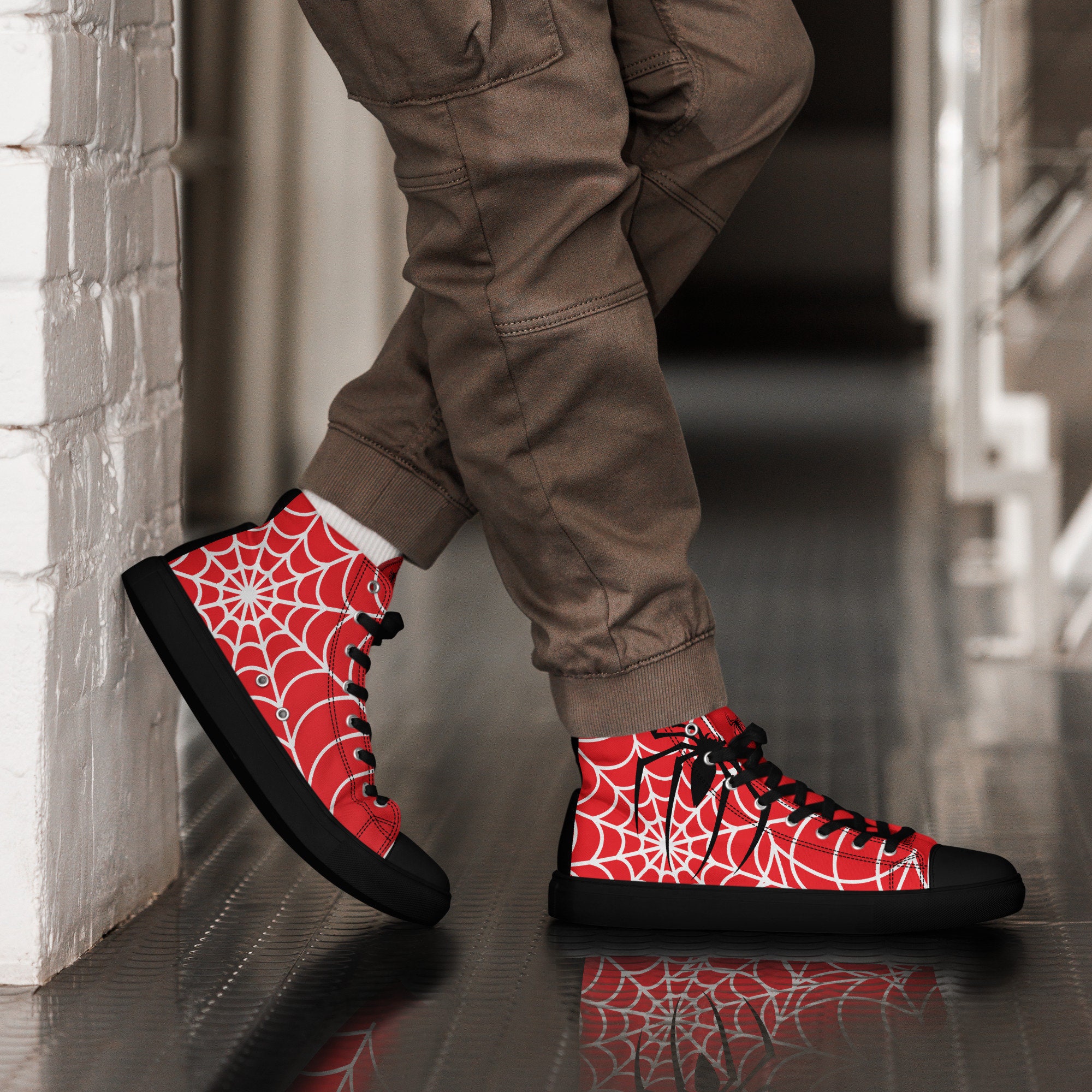 Crimson Arachnid Elegance: Men's Red Shoes with Spider Web Design High Top Sneakers