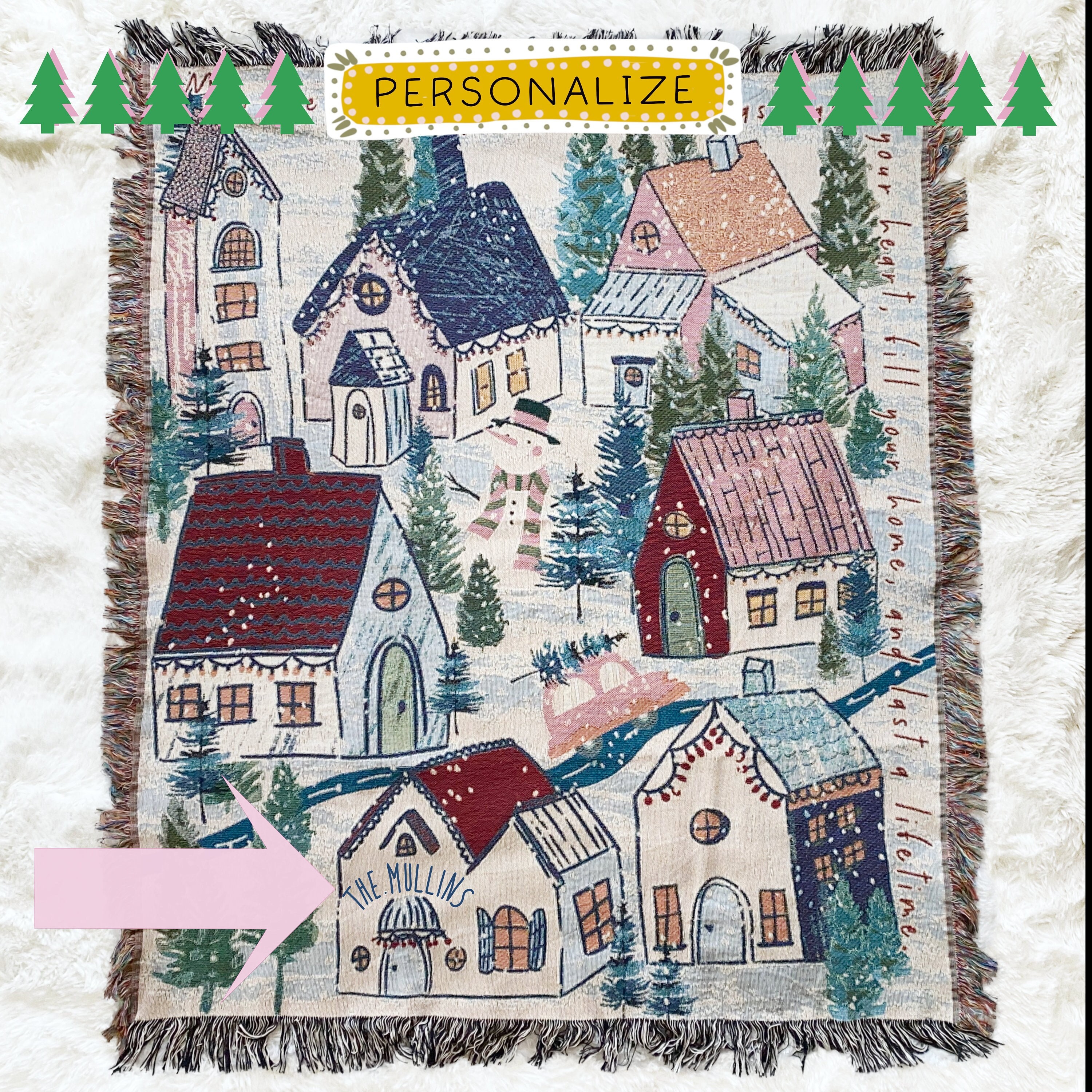 Holiday Cozy Decor. Winter Village Woven Throw Blanket. Personalized Christmas Gift. Christmas Tree Decor.