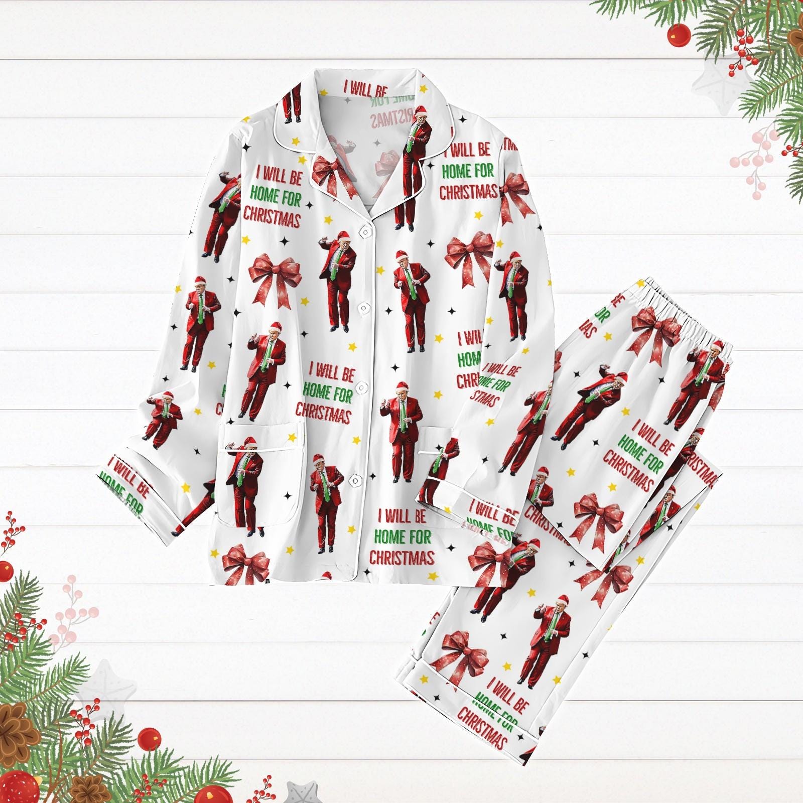 Trump 2024 Coquette Bow Pajamas Set, Santa Hat Trump Holiday Pajamas, Donald Trump President Xmas Pyjamas, Republican Xmas Pajamas