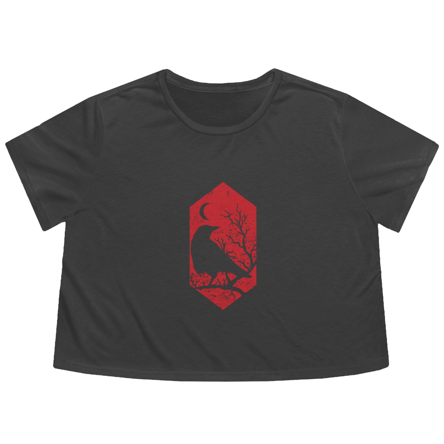 Raven in the Night on a Branch Crow Flowy Cropped Tees