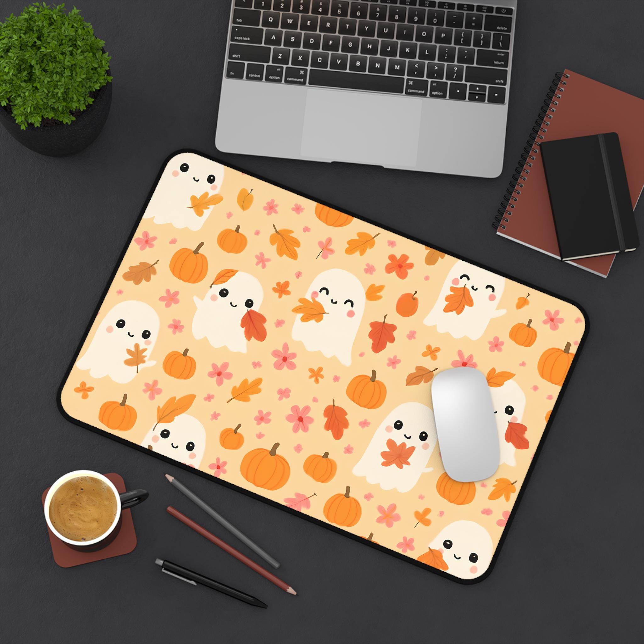 Halloween Desk Mat, Cute Ghost Pumpkin Flower Girly Design for Fall, Office Accessories, Desk Decor, Work from Home Setup,