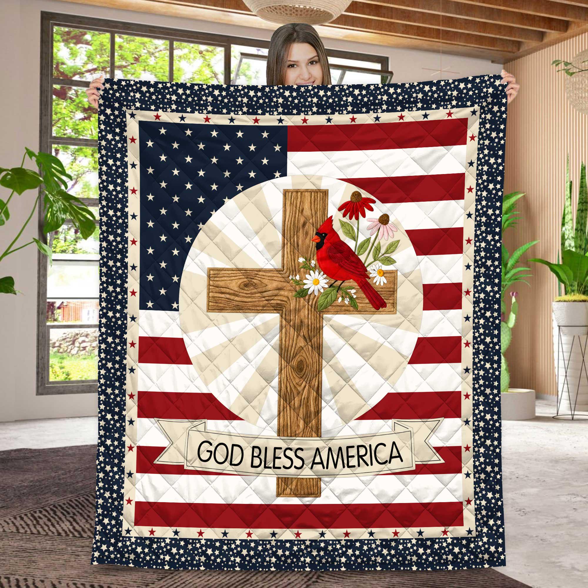 Patriotic Cross Christian Blanket, God Bless America Quilt, USA Flag Cross Blanket, Religious Independence Day Gift