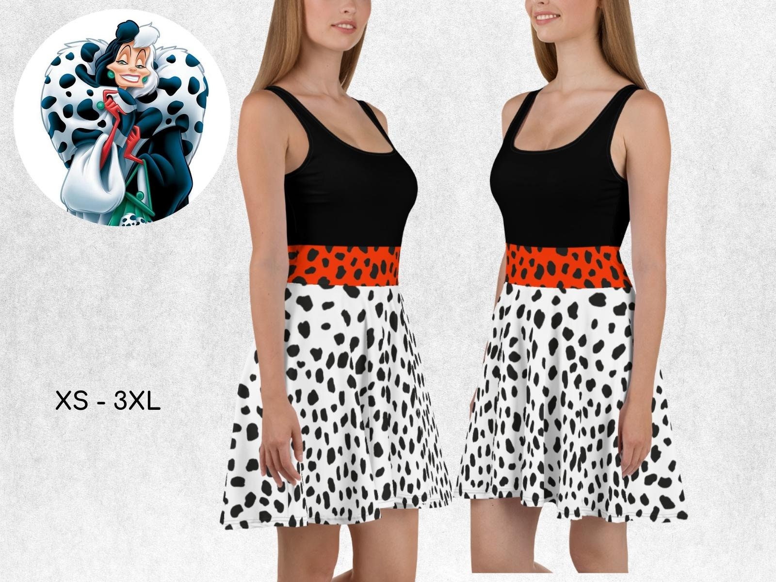 Cruel Lady Evil Villain Running Costume Half Marathon Skater Dress Dalmatian Spots Cosplay Dress Adult Halloween Costume Theme Party