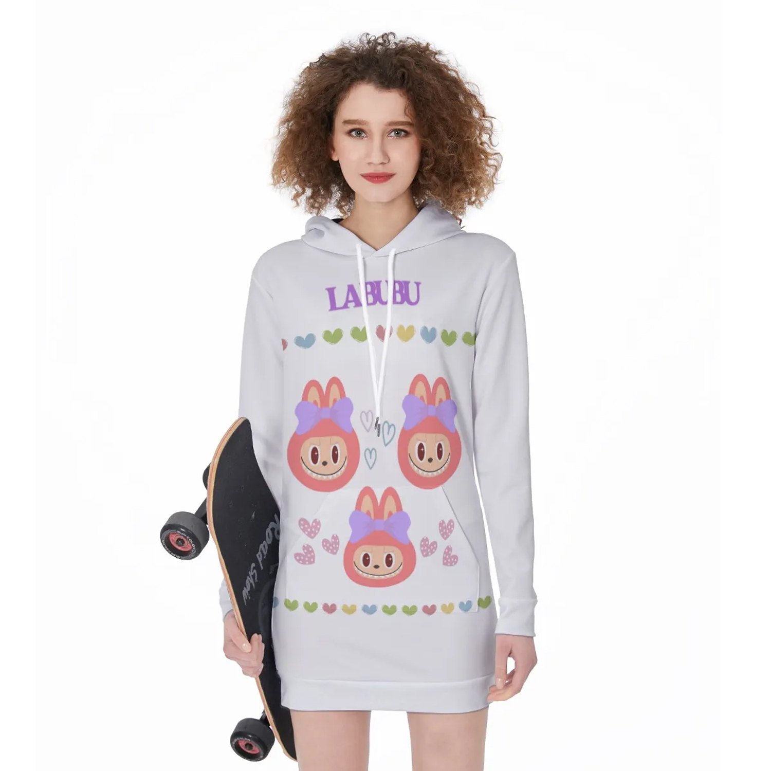 Labubu All-Over Print Long Hoodie Dress, Cute Cartoon Pullover Outfit, Oversized Hoodie Dress for Kids or Teens