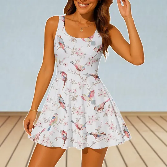 Floral Bird Skater Dress, Retro Botanical Dress, Outfit Gifts For Women