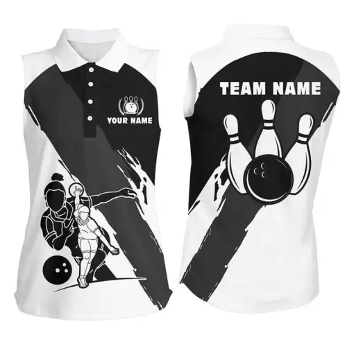 Personalized 3D Bowling Shirts For Women, Custom Black White Sleeveless Polo