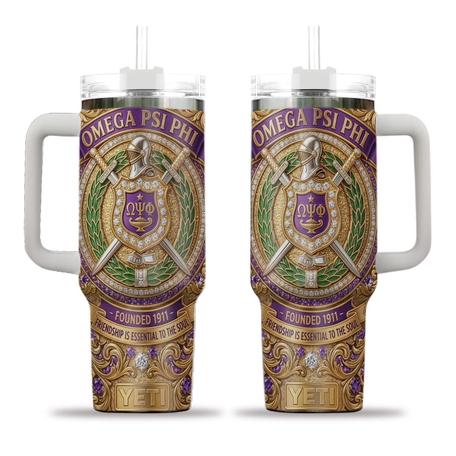 Purple & Gold Greek Inspired Tumbler with Handle (No Box, Only Tumbler)
