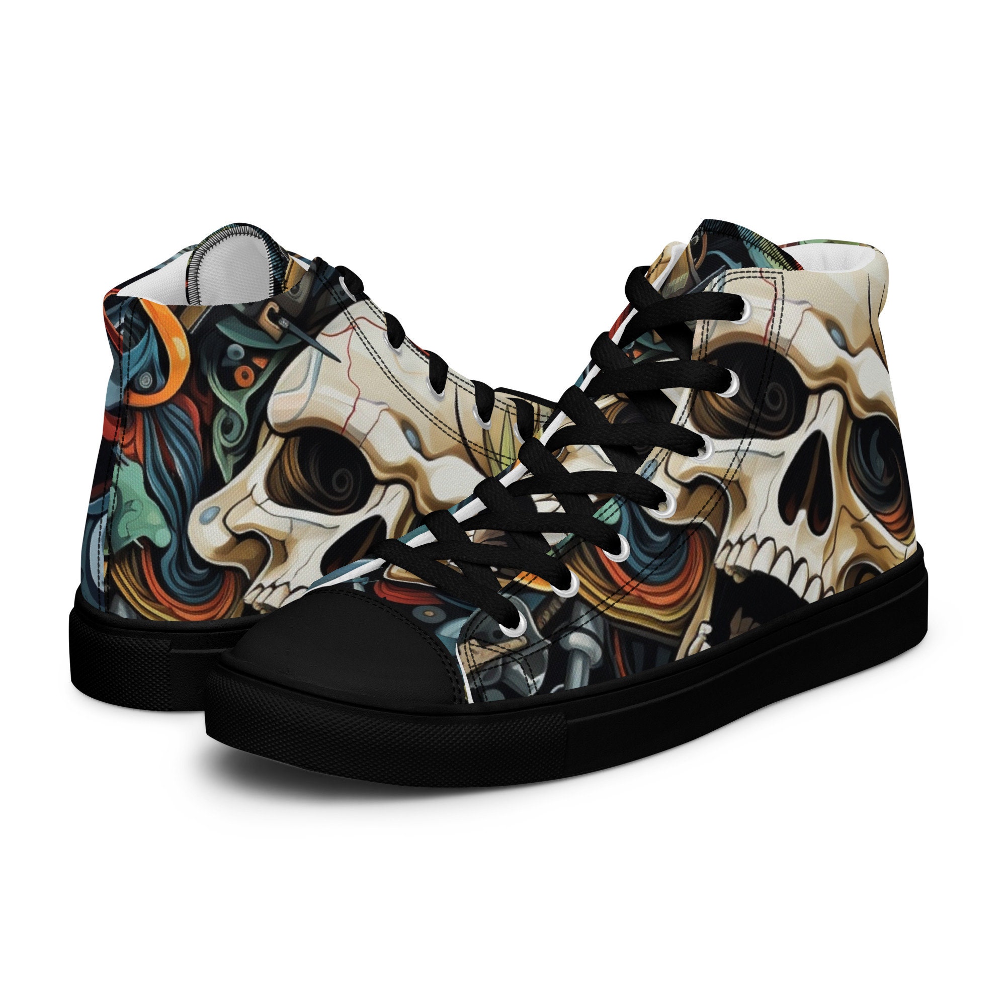 Men's High Top Canvas Sneakers with Skull Tattoo Design