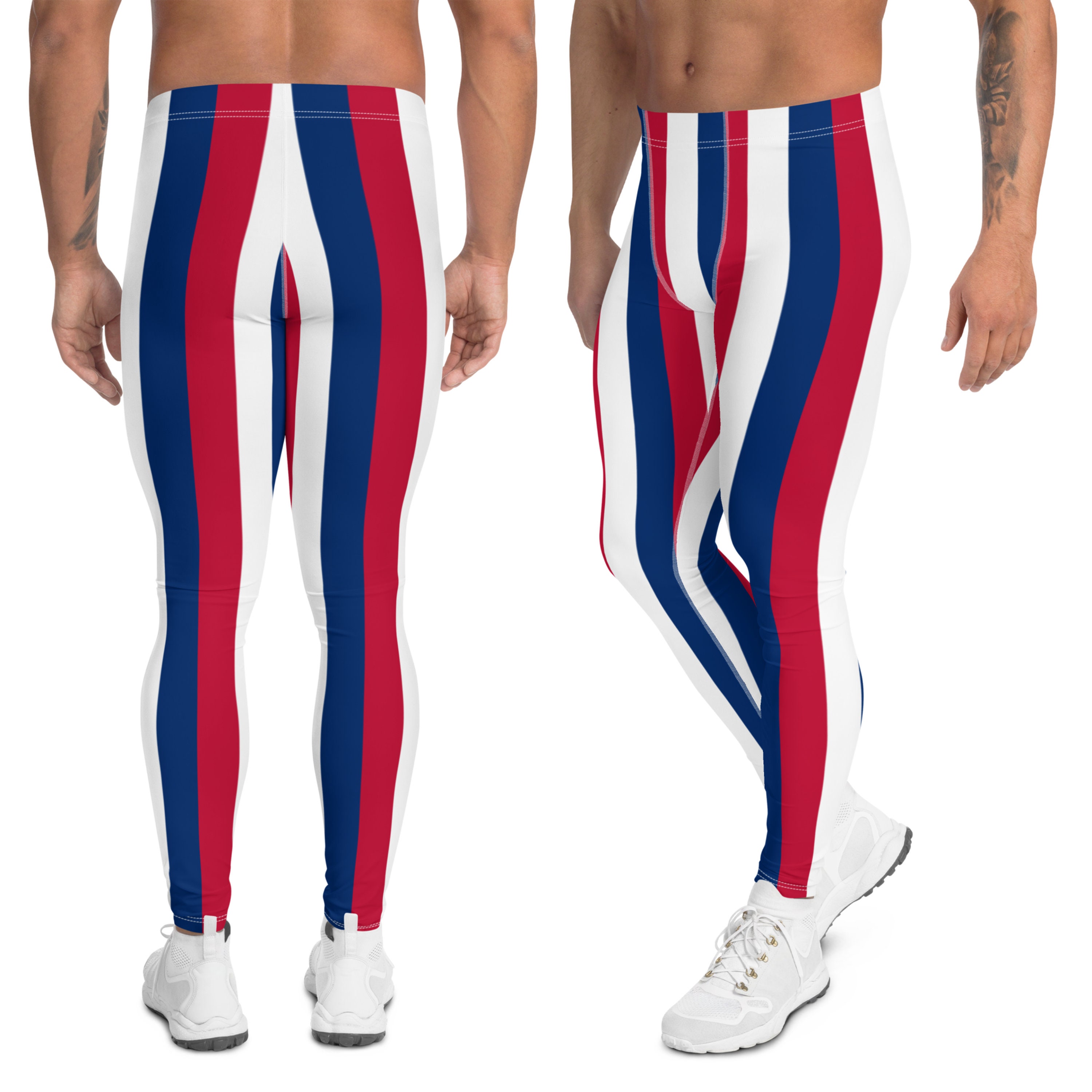 Red White and Blue Striped Men's Leggings, Mens Geometric Meggings