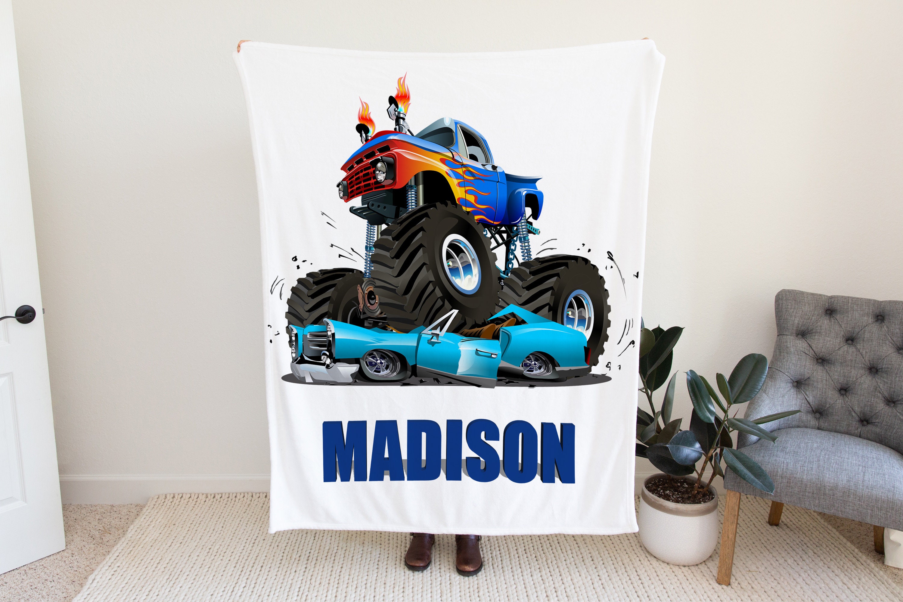 Custom Monster Trucks Blanket, Four Wheeler Blanket, Trucks Blanket for Kids, Personal Blanket, Customizable Name Blanket, Custom Blanket