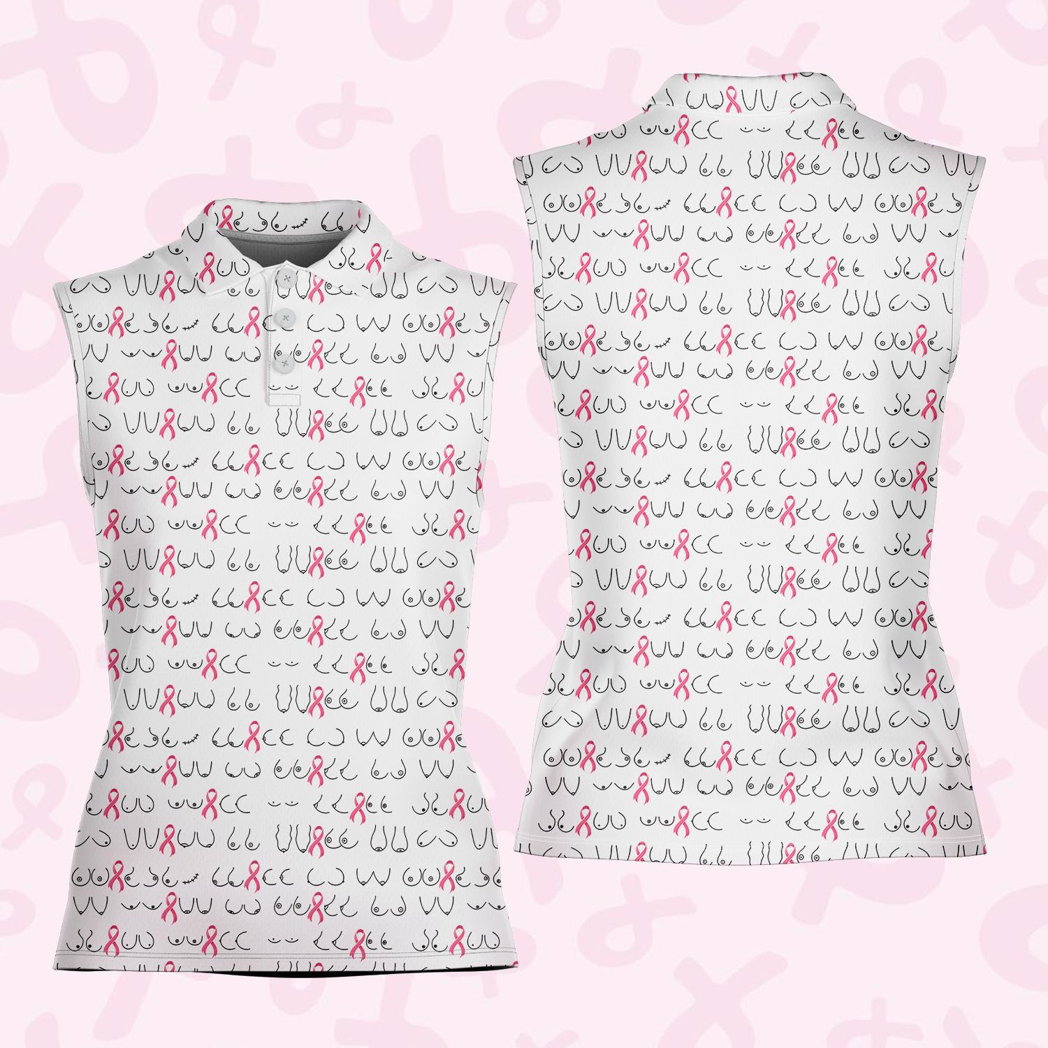 Women Sleeveless Pink Ribbon Polo Shirt, Breast Cancer Awareness, Cancer Support Clothing, Breast Cancer Outfit