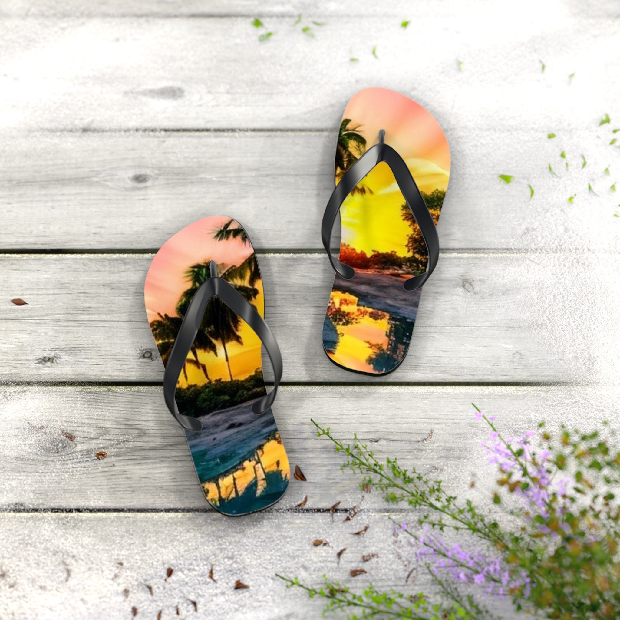 Tropical Palm Tree Flip Flops | Beach Sandals | Vacation Footwear | Summer Shoes | Palm Leaf Print