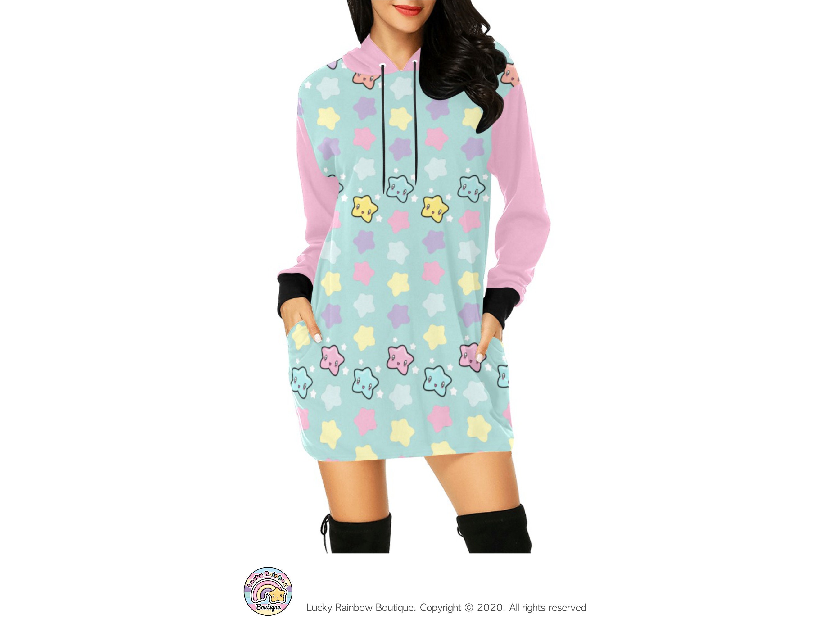 Pastel Mint Star Hoodie Dress, Rainbow Stars Sweatshirt, Fairy Kei Clothing, Retro Sweater, Comfort Colors Shirt, Winter Dresses for Women