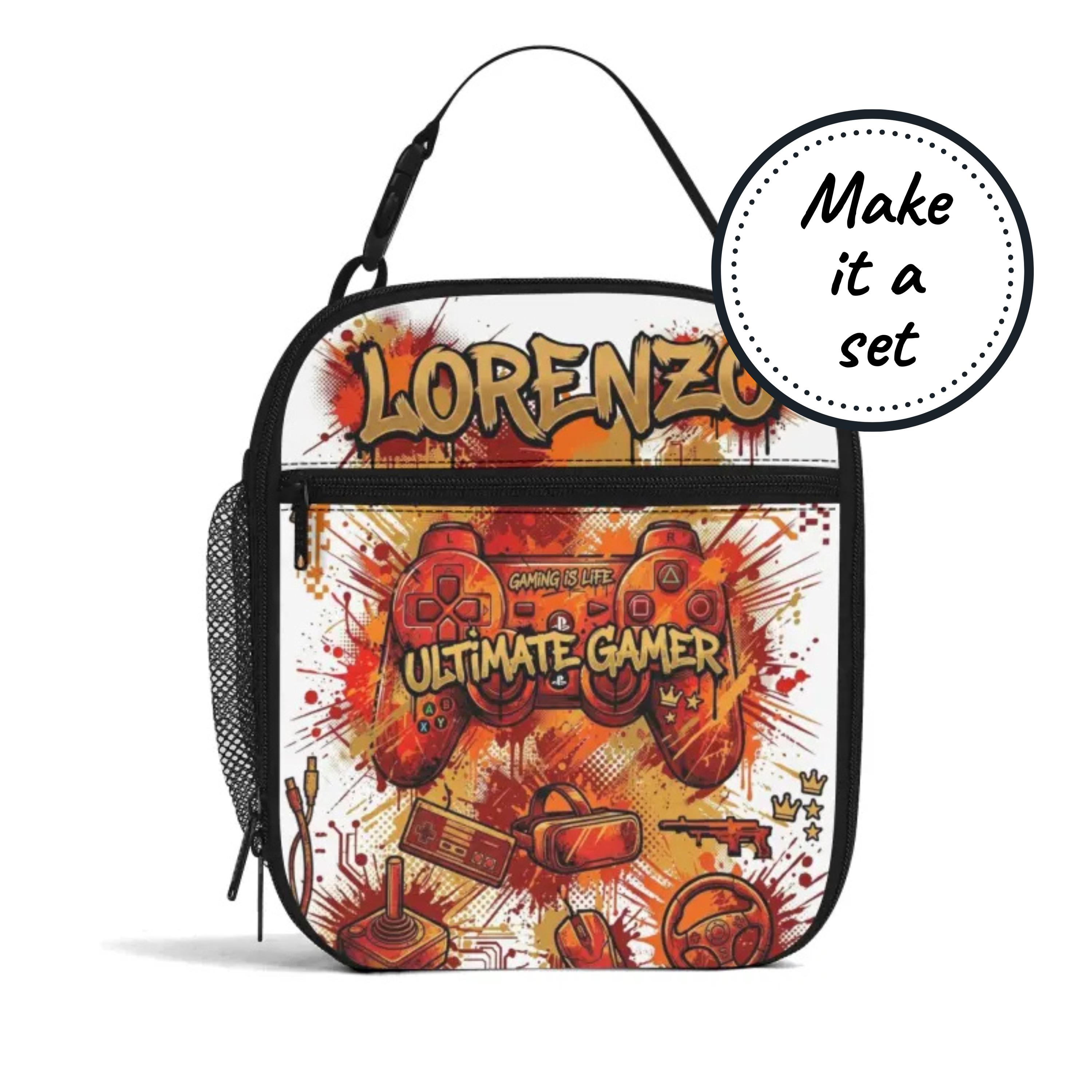 Custom Name Insulated Lunch Bag for Kids with Video Gamer Design, Personalized Food Cooler Lunchbox