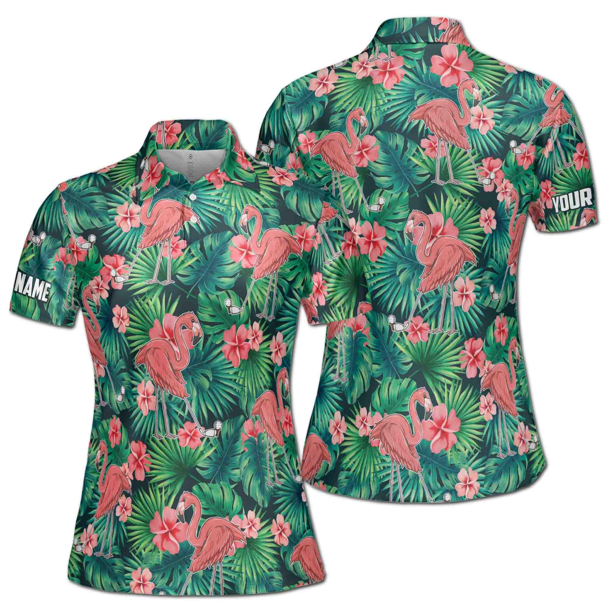 Customize Name Floral Tropical Flamingo Golfing Women's Polo Shirt