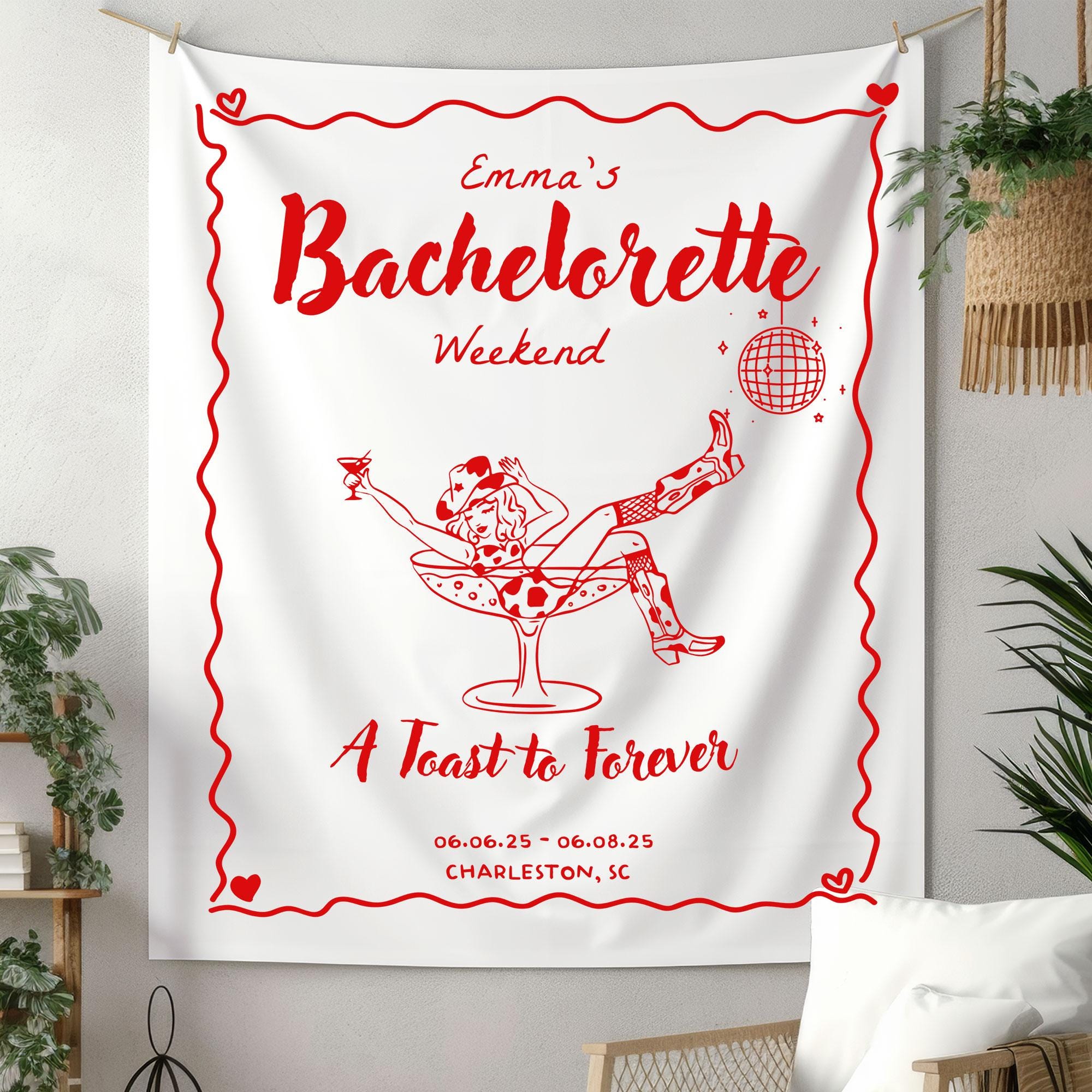 A Toast to Forever Bachelorette Party Banner Tapestry, Custom Cowgirl Bridal Shower Decor Western Bachelorette Weekend Backdrop Wedding sign