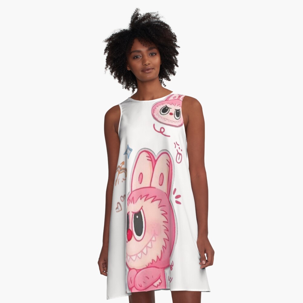 Labubu - Monstre Kawaii Macaron Rose A-Line Dress, Gift for Her