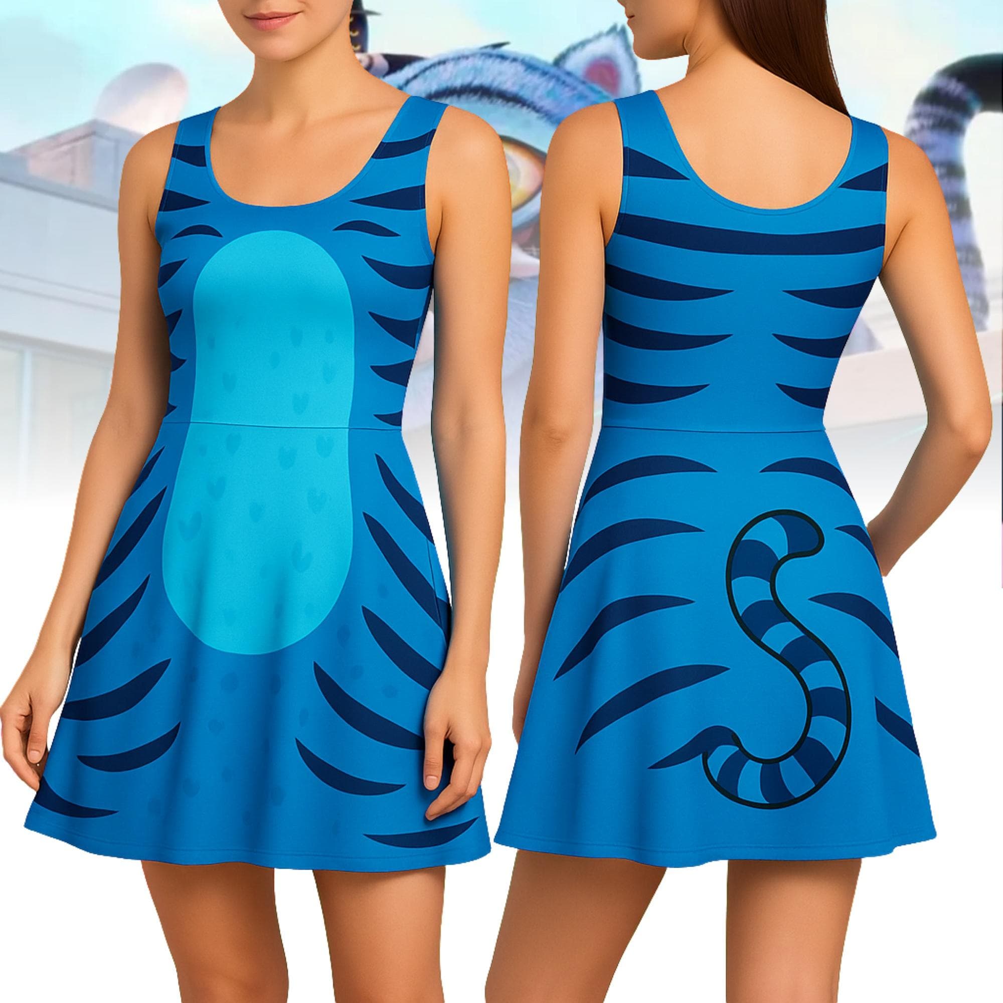 Derpy Tiger Skater Dress, Blue Tiger Costume Dress Women, Demon Hunter Cosplay Dress, Halloween Costume Dress, Kpop Movie Fan Gifts
