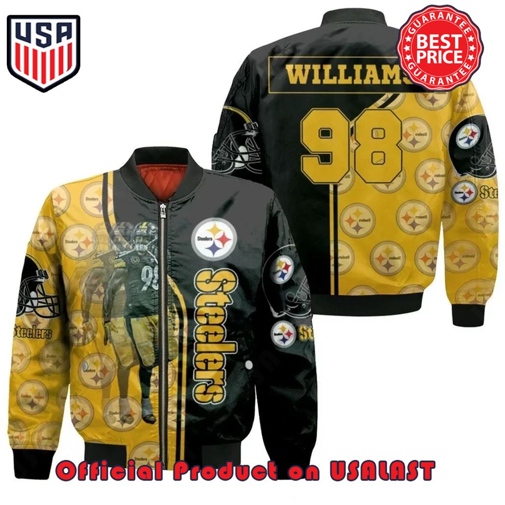 VINCE WILLIAMS GREAT PLAYER PITTSBURGH Steeler JERSEY LOGO BOMBER JACKET – BLACK AND YELLOW