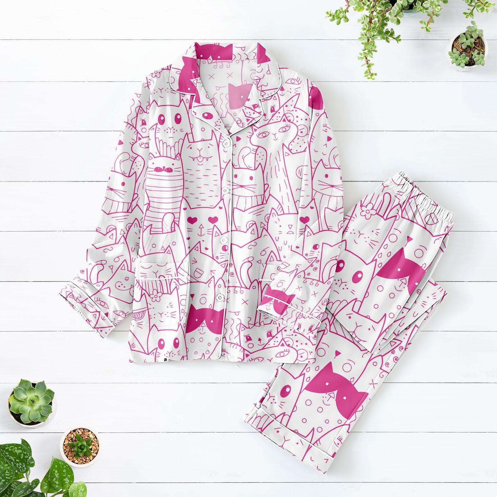 Cute Cat Pajamas Set, Cozy Sleepwear Pajamas For Her, Cartoon Kitty Matching Pajama Set, Funny Pet Lover Holiday Pajamas, Halloween Pjs