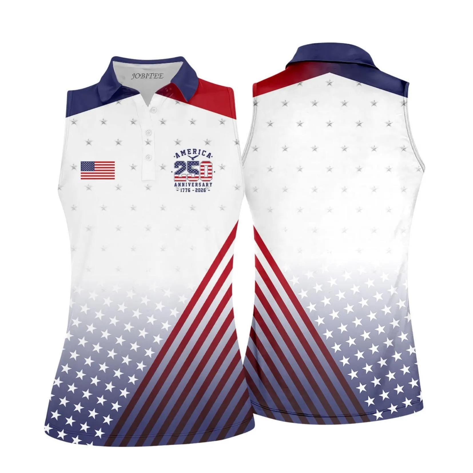 4th of July Sleeveless Polo Shirt for Women, USA Flag Golf Tee, Patriotic Independence Day Sport Shirt