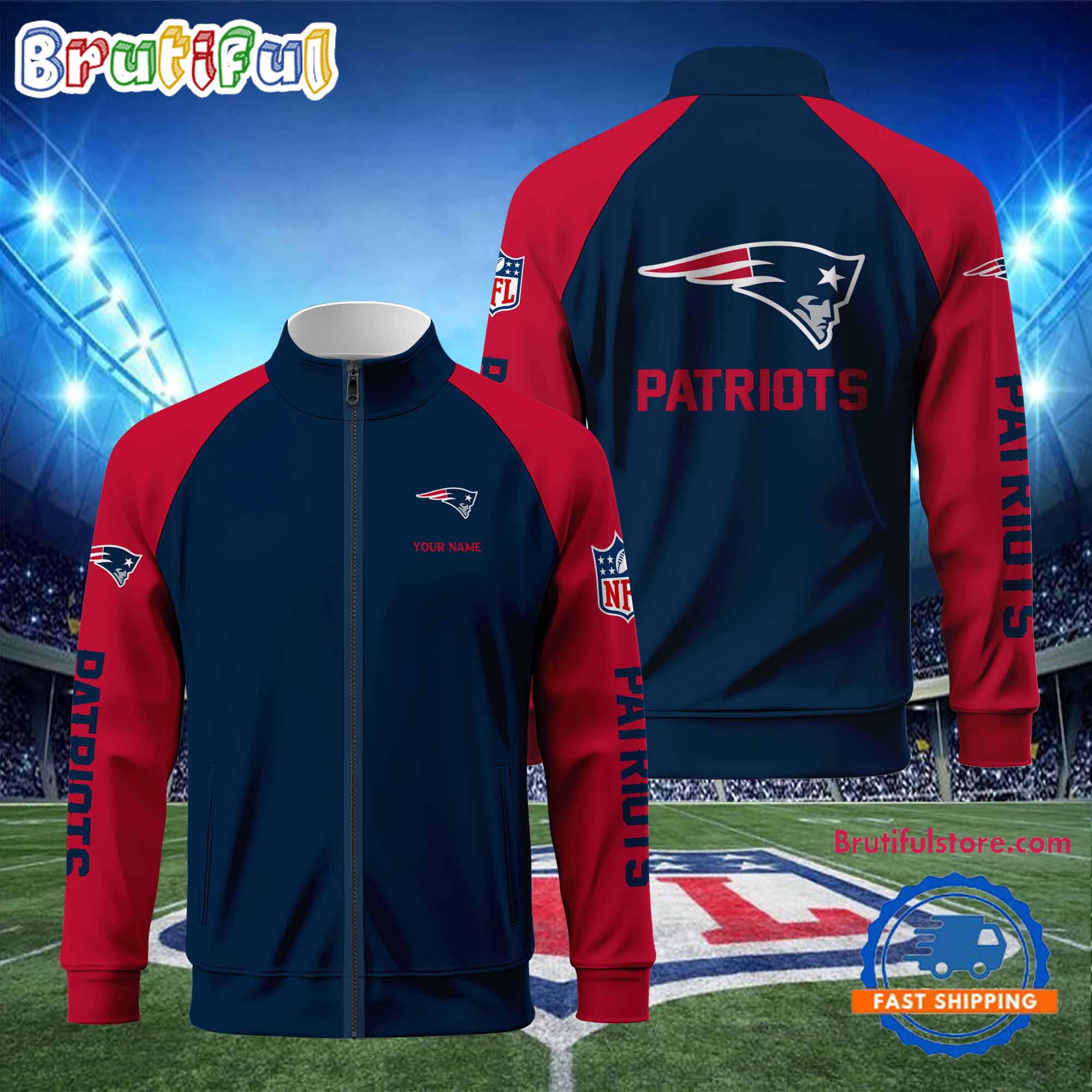 New England Patriots Football Team Custom Name Standing Neck Zipper Jacket