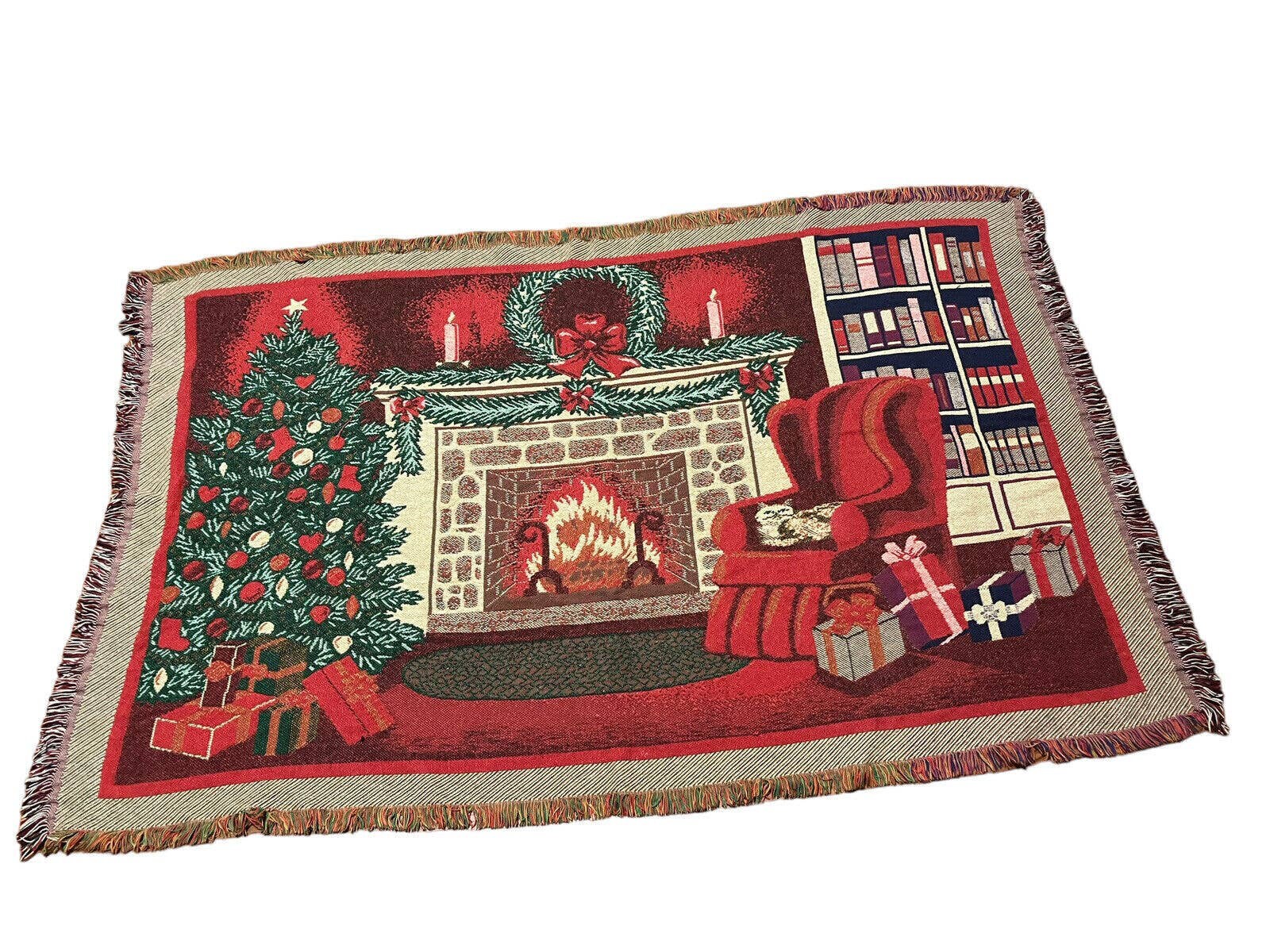 Christmas Tapestry Cotton Throw Tree Wreath Fireplace Cat Library Wreath 74"x45"