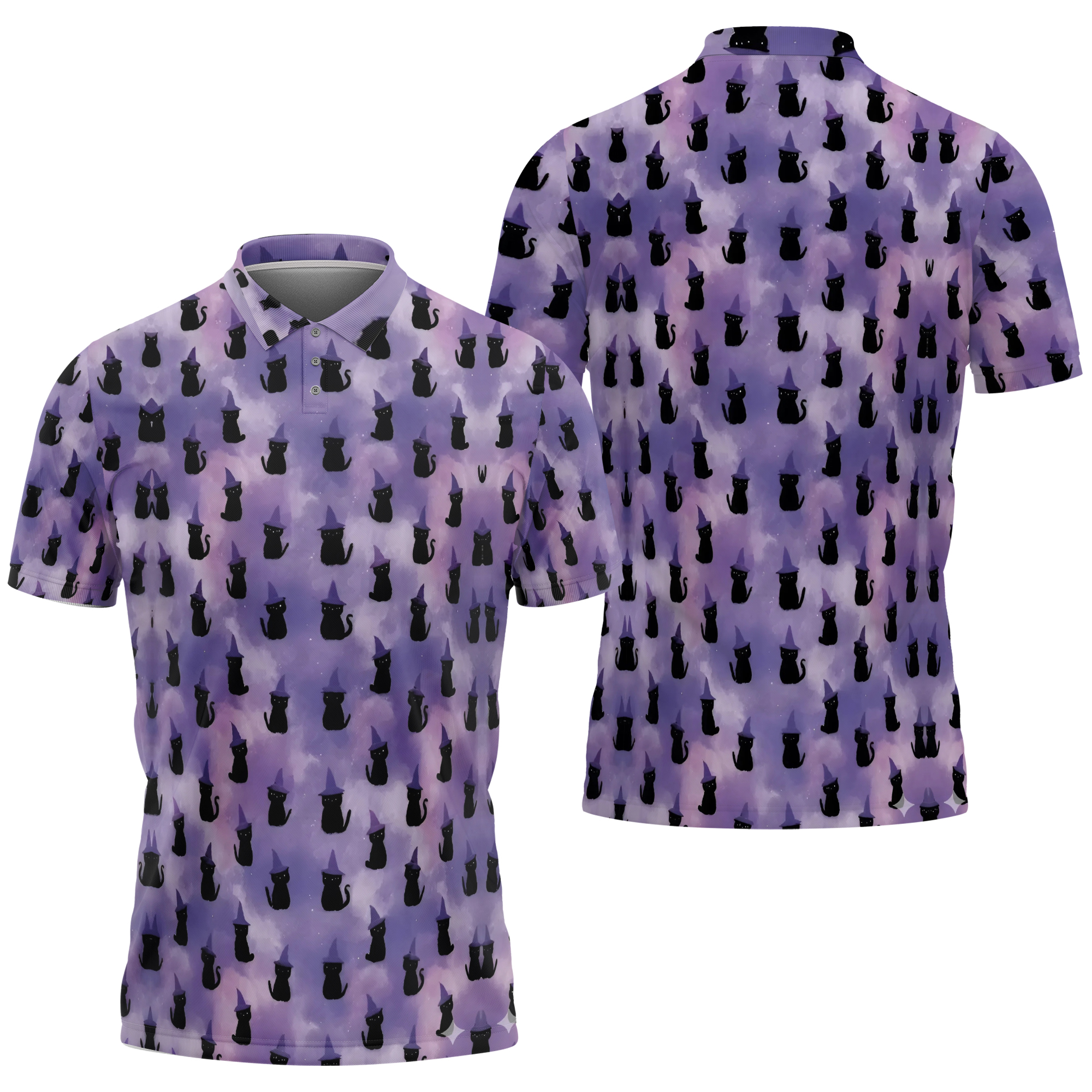 Women's Witch Cat Halloween Polo Shirt Purple Moisture-Wicking Short Sleeve Golf Top
