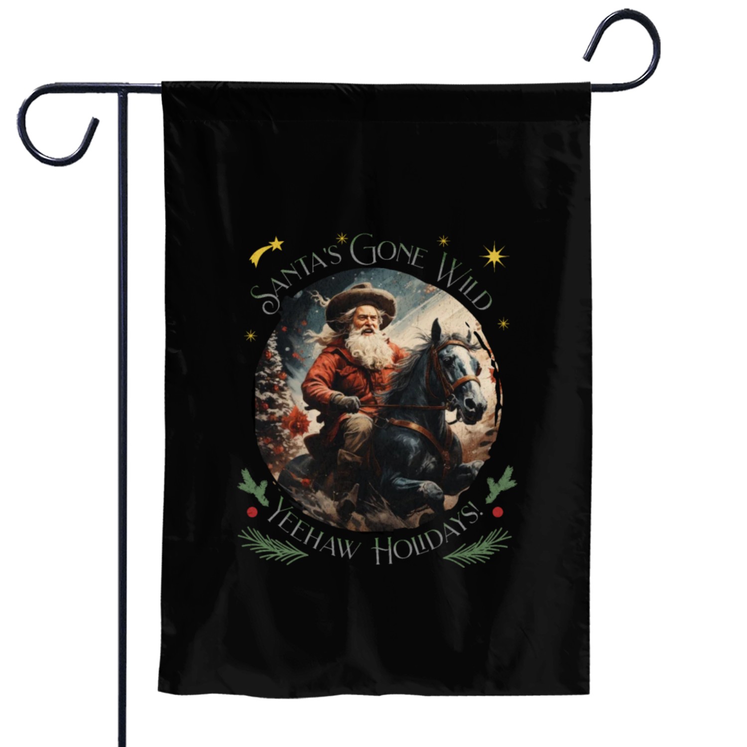 Retro Western Christmas Tree Santa Claus Cowboy Garden Flags