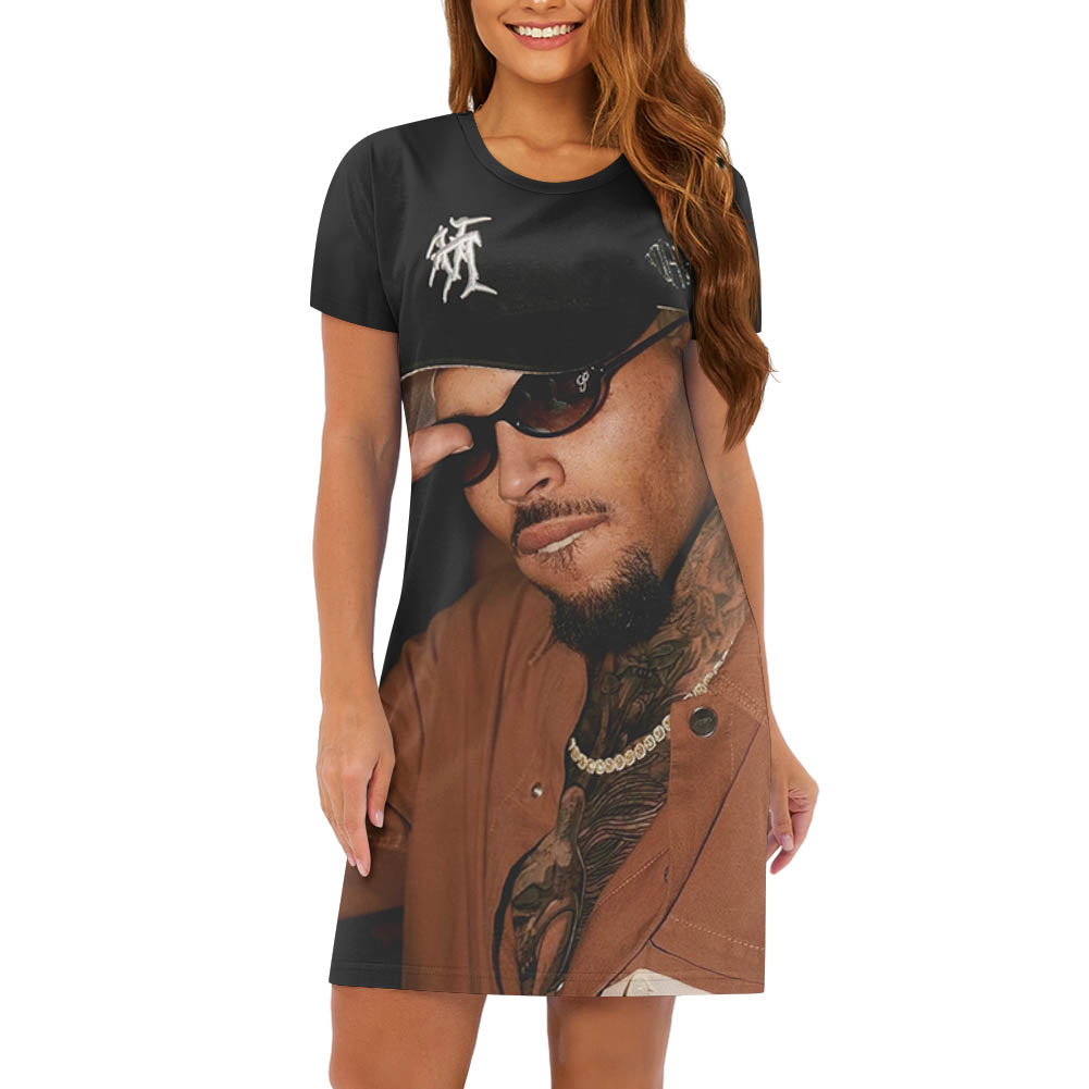 Chris Brown Breezy Bowl T-Shirt Dress , Music Festival Outfit, Pop Singer Fan Apparel, Women's Graphic Tee Dress, Lightweight
