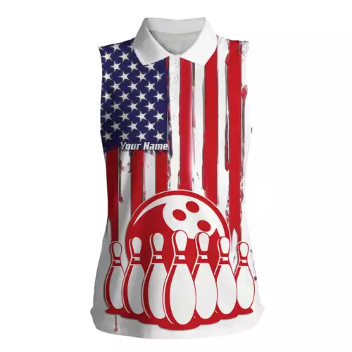 Womens Bowling Sleeveless Polo Shirts Custom American Flag Bowling Ball Pins Team