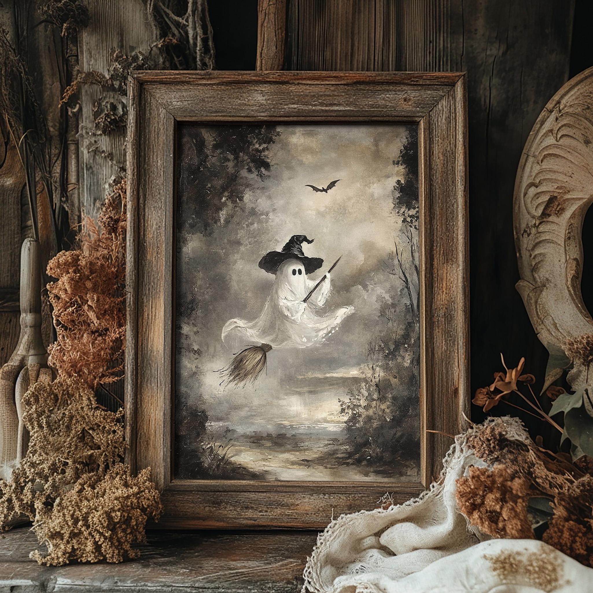 Halloween Ghost on Witch Broom Print Cute Autumn Forest Wall Art, Dark Academia Gothic Spooky Decor, Vintage Creepy Horror Goth Painting