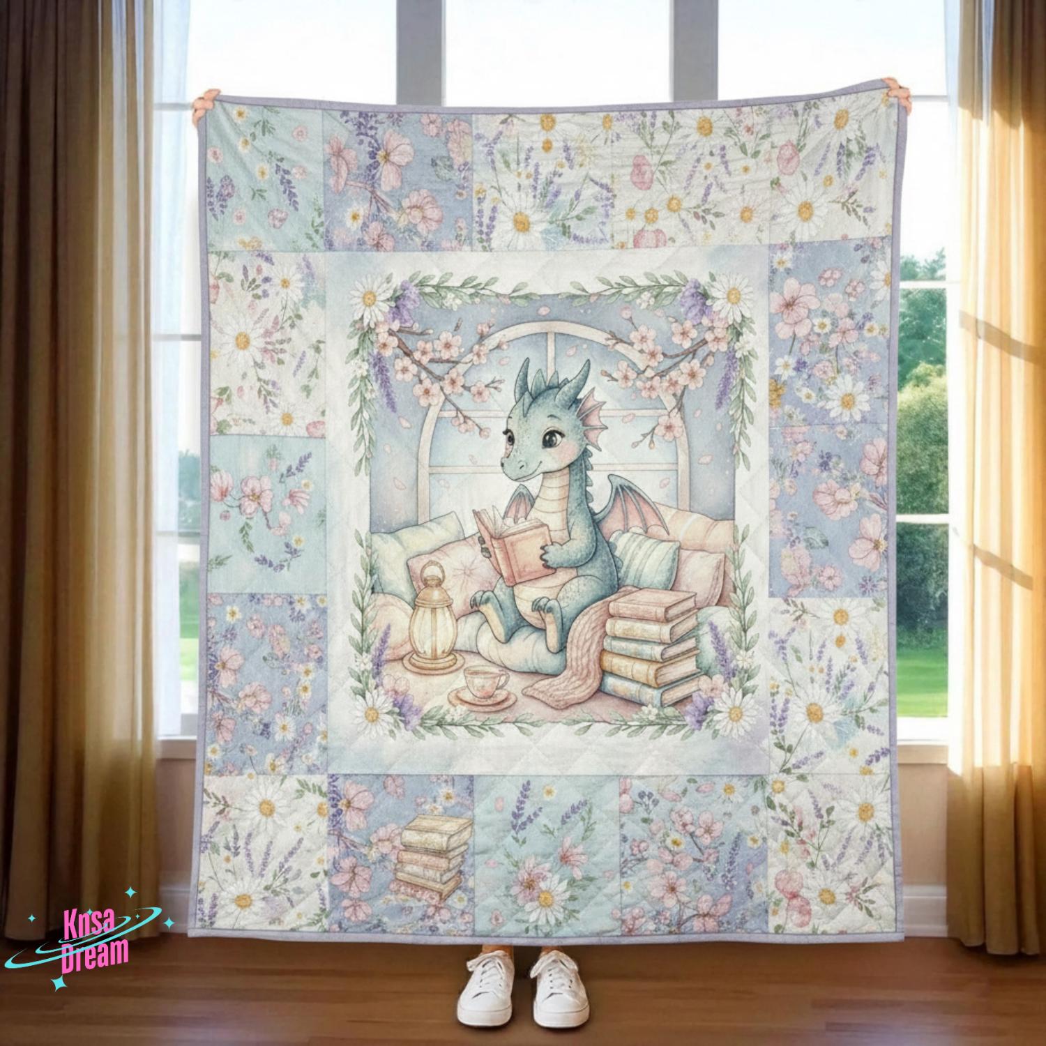Cozycore Dragon Quilt, Pastel Floral Nursery, Reading Dragon Gift