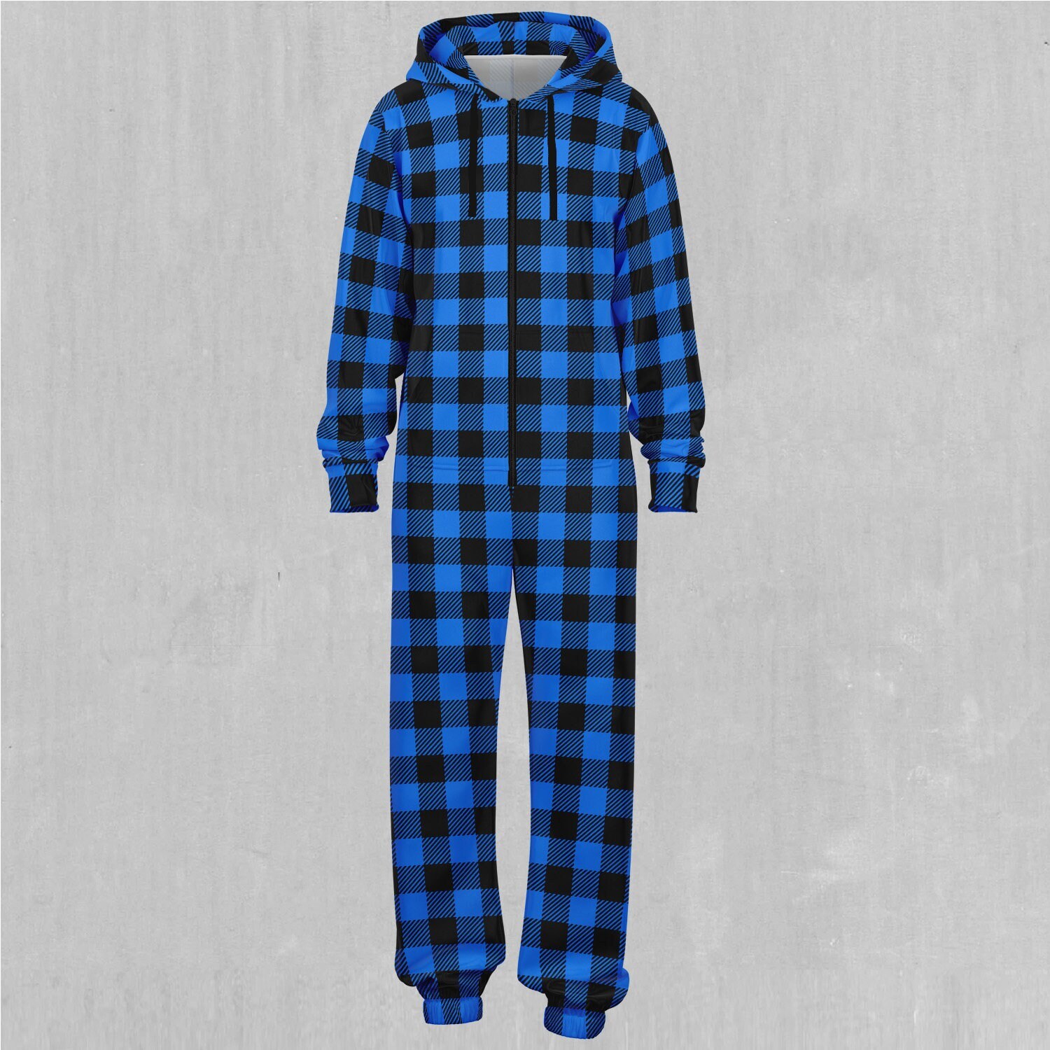 Blue Checkered Plaid Adult Zip Up Jumpsuit Pajamas