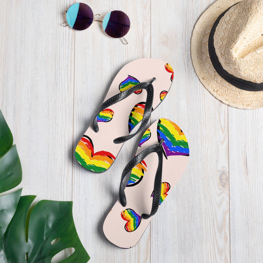Pride Month 2024 Flip-Flops Gay Pride Women's Flip-Flops LGBTQ Pattern Flip-Flops LGBTQ Gift for Lesbian Wife Rainbow Flip-Flops Cute Heart
