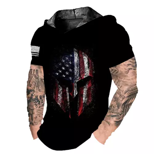 Men Hoodie Short Sleeve Warrior Mask Helmet American Flag Hooded Tee Lightweight