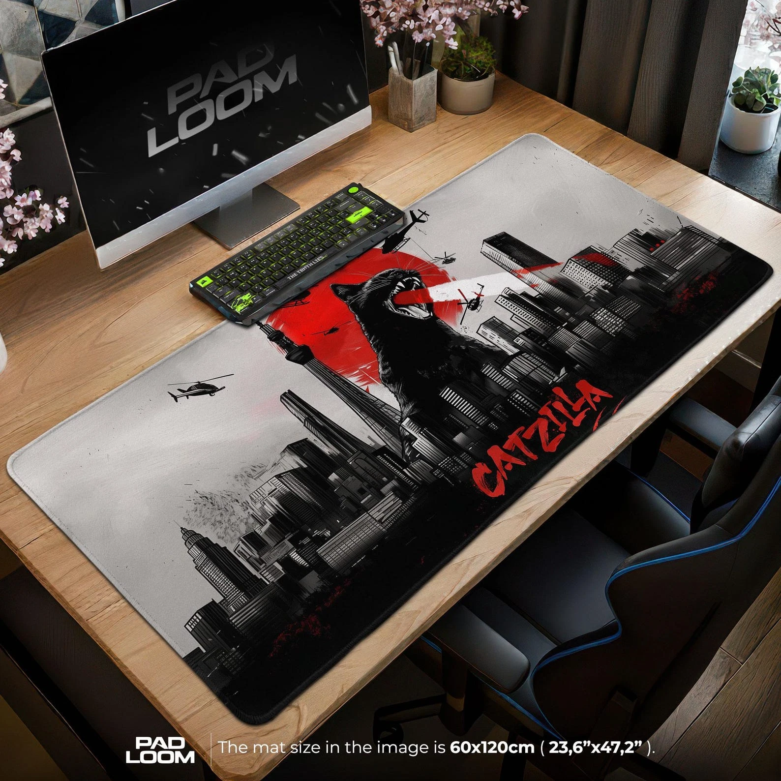 Catzilla Mouse Pad, Kaiju Cat Gaming Desk Mat, Red Sun Cityscape Decor
