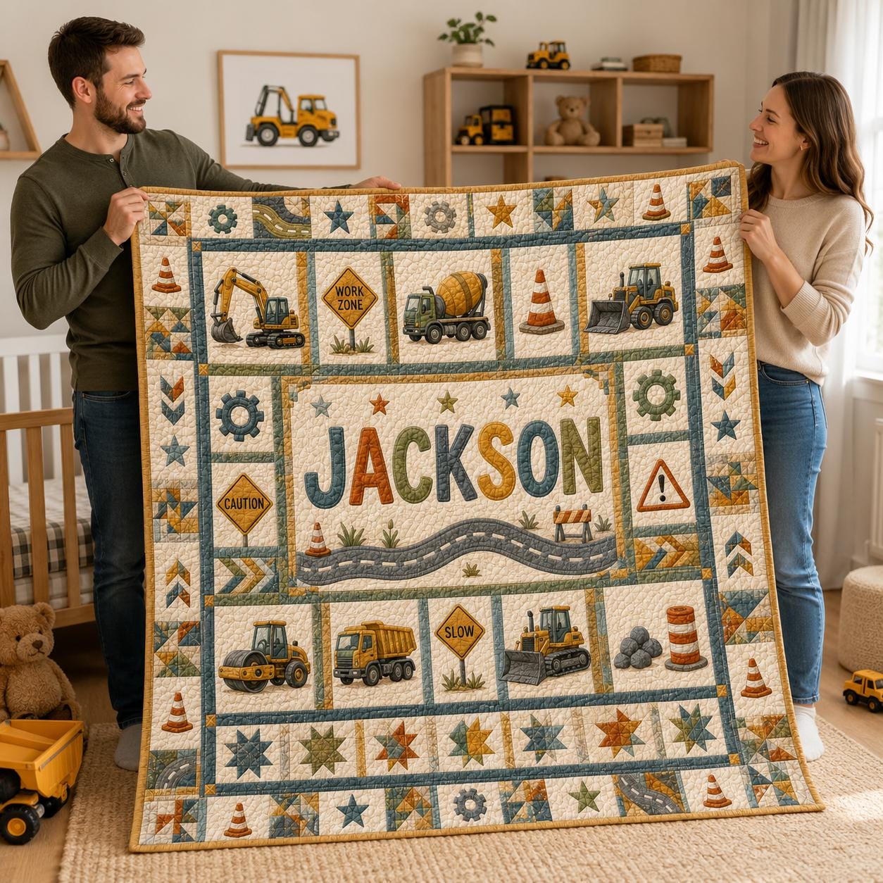 Personalized Construction Truck Quilt Blanket for Kids, Custom Name Work Zone Nursery Decor, Heavy Equipment Cozy