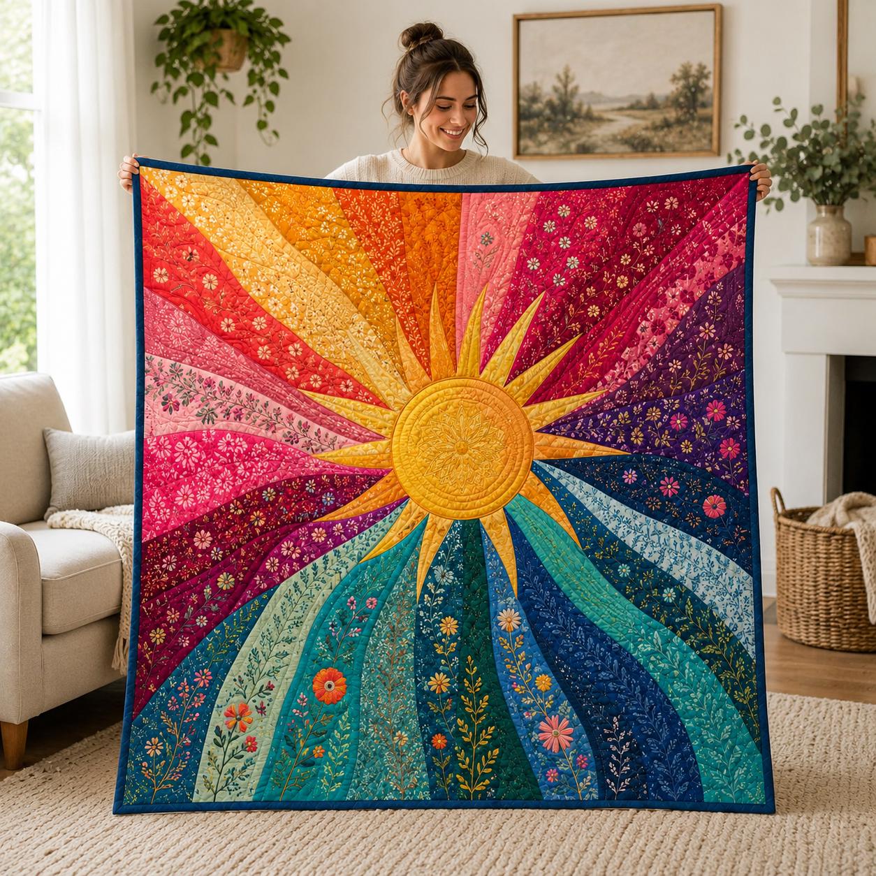 Colorful Sunshine Quilt Blanket, Rainbow Sunburst Cozy, Bright Boho Floral Blanket for Home Decor